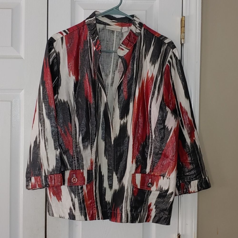Chico's  Linen blend  red black white open front blazer jacket Sz 3  XLarge